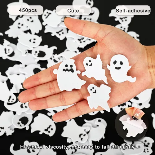 Vista 4 de 450 calcomanías de espuma de fantasma de Halloween, calcomanías autoadhesivas de fantasma, calcomanías blancas y negras para Halloween, tarjetas