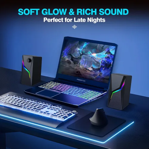 Vista 5 de Altavoces de computadora, altavoces de PC para escritorio con 6 modos de iluminación, accesorios para juegos de PC, altavoces de computadora