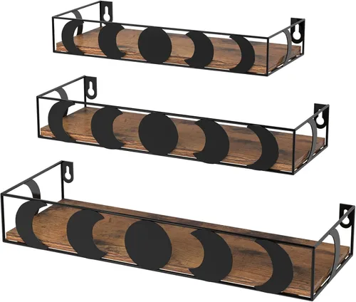Vista 10 de Estantes de Pared con Fases Lunares Negros, Paquete de 3 Estantes Flotantes Pequeños para Libros y Plantas para Dormitorio, Habitación Infantil