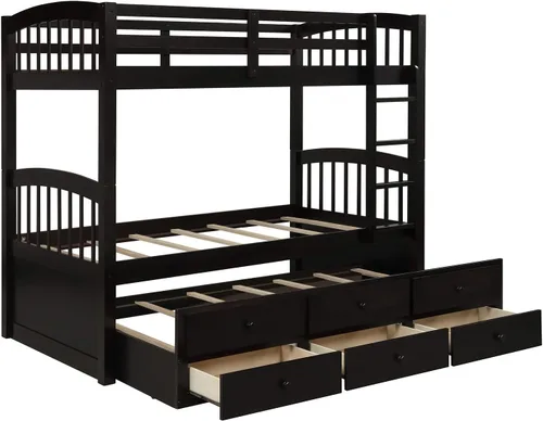 Vista 8 de Harper & Bright Designs - Litera de tamaño individual sobre individual con nido y cajones de almacenamiento, base de cama de madera con barandilla