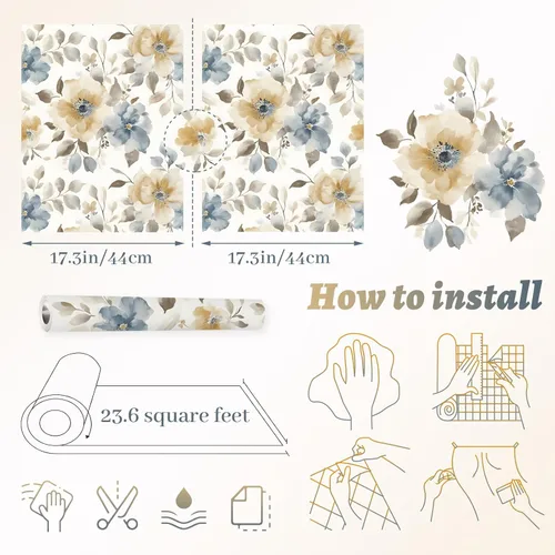 Vista 3 de Papel tapiz floral para despegar y pegar, papel de contacto bohemio de 17.3 x 197 pulgadas, papel de contacto bohemio grande para dormitorio, flores