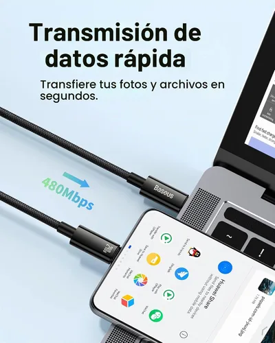 Vista 6 de Baseus Cable USB C, 240 W PD 5A de carga rápida USBC a USBC, cable de carga tipo C de aleación de zinc trenzado para iPhone 17 16 Pro/Plus/Pro Max