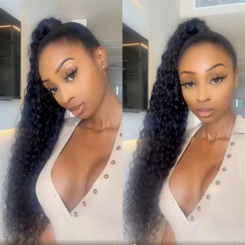 Vista 7 de Extensiones de cabello rizado con cola de caballo de 12 a 26 pulgadas, extensiones de cabello real con cola de caballo rizada, para mujeres negras