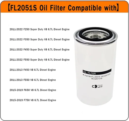 Vista 2 de Filtro de aceite FL2051S compatible con Ford F250 F350 F450 F550 F650 F750 Super Duty 6.7L Powerstroke Diesel V8 Engine, reemplaza BC3Z-6731-B PF67