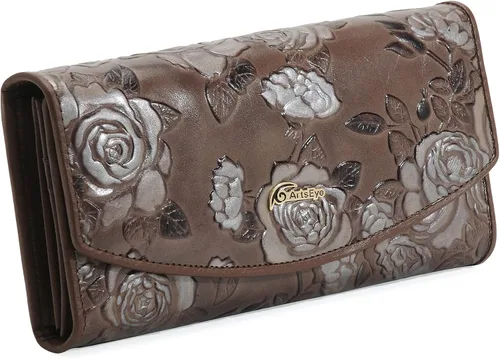 Vista 6 de Rose Collection - Monedero triple de cuero genuino en relieve (gris), Gris, Vintage