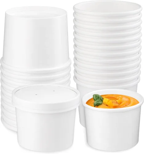 Vista 18 de Paquete de 25 recipientes de sopa de 8 onzas con tapas, taza de sopa de papel desechable, recipientes de papel para alimentos con tapas, recipiente
