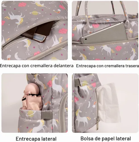 Vista 5 de Bolsa de pañales para bebé, portátil, impermeable y de gran capacidad, con correa para el hombro, ganchos para cochecito blanco