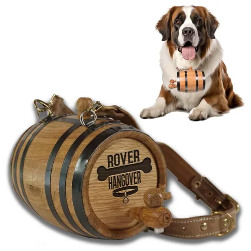 Vista 15 de St Bernard - Collar de barril de whisky para perro, 'M.U.T.T.' - Dispensador de barril de roble de 1/2 litro para perros San Bernardo con correa
