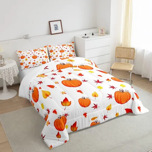 Vista 4 de Juego de edredón de calabaza de otoño, tamaño individual, juego de ropa de cama de hojas de arce para niños y niñas, cosecha de otoño, fruta