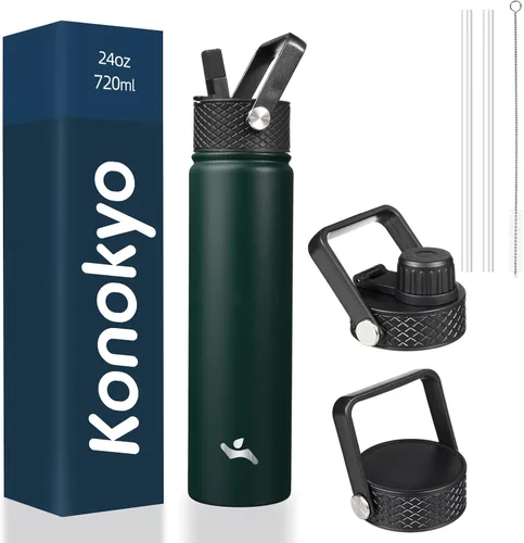 Vista 40 de Konokyo - Botella de agua aislada de 18 onzas, botellas deportivas de acero inoxidable con 3 tapas, verde militar