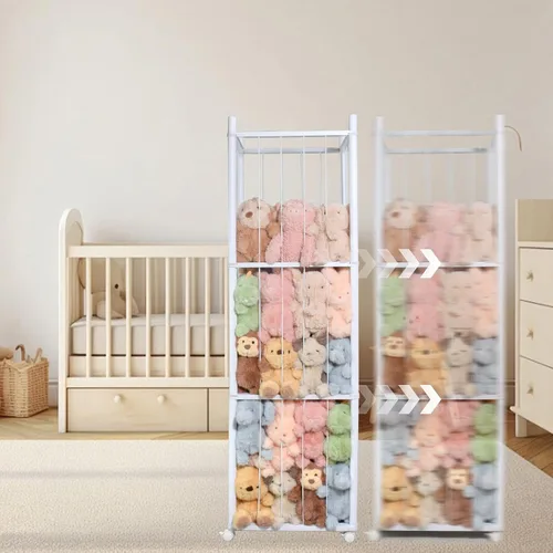 Vista 7 de Almacenamiento de animales de peluche para niños, almacenamiento de zoológico de animales de peluche de madera con ruedas de freno, organizador