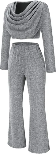 Vista 4 de Annystore Conjunto casual de 2 piezas para mujer, de manga larga, fruncido, brillante, bodycon y pantalones acampanados de cintura alta, conjunto