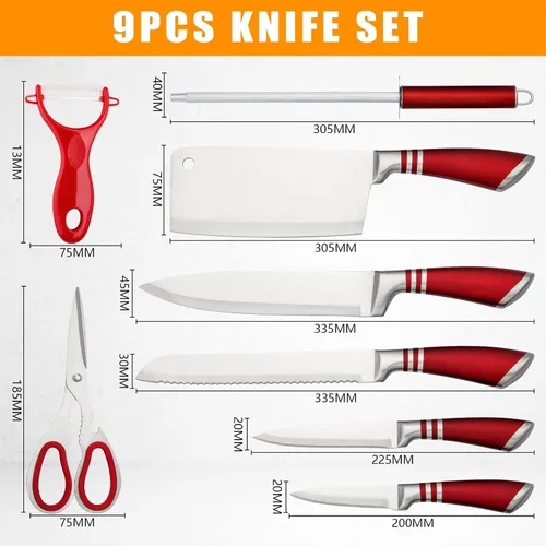 Vista 6 de Juego de cuchillos de cocina, juego de 9 cuchillos rojos con bloque acrílico, cuchillo de chef de acero inoxidable de alto carbono antiadherente
