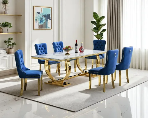 Vista 40 de Juego de 4 mesas de comedor blancas y doradas, mesa de cocina rectangular de 68 pulgadas con parte superior de mármol sintético blanco, mesa de Mesa