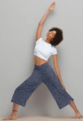 Vista 6 de TARSE - Pantalones capri de pierna ancha para mujer, pantalones de yoga casuales, cruzados, de cintura alta, sueltos, suaves, con bolsillos