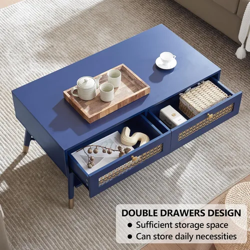 Vista 4 de JYED Mesa de café moderna de madera de mediados de siglo con cajones de almacenamiento decorados con malla metálica, mesa central de acento azul