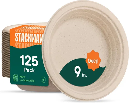 Vista 8 de Platos de papel desechables 100% compostables, 3 compartimentos, [125 unidades] - {Sin PFAS} - {Certificado BPA} - [9 pulgadas] Bandejas seccionales