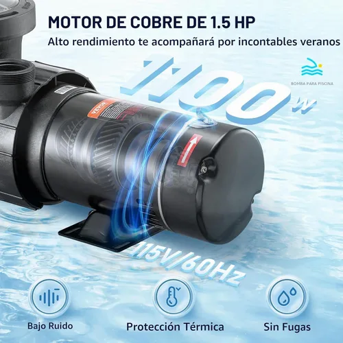 Vista 5 de VEVOR Bomba de piscina 1.5 HP 5280 GPH Max Flow Bomba de velocidad única