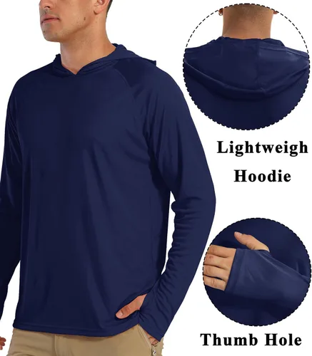 Vista 4 de BIYLACLESEN Camiseta de manga larga con protección solar UPF 50+ para hombre, para correr, con capucha