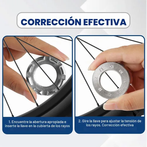 Vista 6 de Llave de radios - Llave de radios endurecida para bicicleta, herramienta de llanta de radios para ajuste y reparación de tensión de rueda