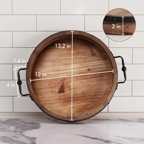 Vista 6 de Bandeja redonda para mesa auxiliar, bandeja de madera de granja de 13.2 pulgadas con asas de metal, bandejas decorativas redondas para mesa de café
