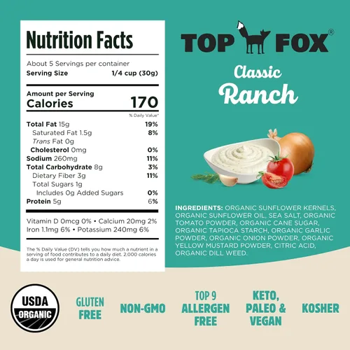 Vista 2 de Top Fox Snacks Ranch - Semillas de girasol para comer (5.5 onzas, paquete de 6) – Aperitivos amigables con la dieta cetogénica, aperitivos sin