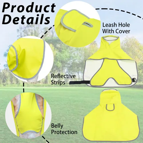 Vista 4 de Impermeable para perros con capucha, poncho deslizante – Chaqueta impermeable reflectante ligera para mascotas, impermeable con correa ajustable