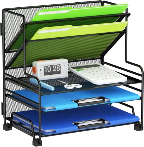 Vista 9 de MINDEPOT Organizador de papel de 4 niveles + soporte para archivos de 3 bolsillos + cajón + soportes para bolígrafos, organizador de archivos