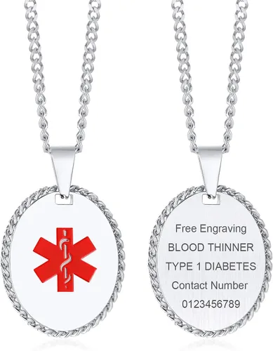 Vista 75 de VNOX Collar con colgante personalizado de acero inoxidable con grabado personalizado para identificación de alerta médica de emergencia para hombres
