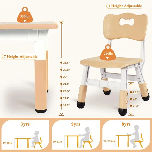 Vista 3 de Arlopu Mesa y 4 sillas para niños, juego de escritorio y sillas para niños pequeños de altura ajustable, patas antideslizantes, escritorio de Beige