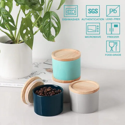 Vista 2 de Sweejar Kitchen Canisters - Tarro de cerámica para almacenar alimentos, recipientes apilables con tapa de madera y sello hermético para servir café