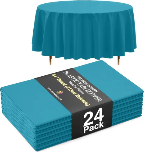 Vista 35 de Exquisite 66% Thicker Premium Aqua Round Tablecloth 0.5 Mil 6 Pack Plastic Table Cloth Disposable 84 Inch Round Plastic Tablecloth Won't Tear Easily