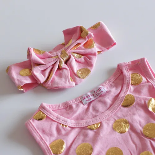 Vista 4 de Baby Girl Clothes Floral Gold Dots Sleeveless Long Sleeve Romper Outfit Bodysuit Clothing Sets with Headband Leg Warmers
