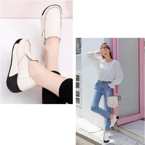 Vista 3 de Mocasines de cuero con plataforma para mujer, transpirables, antideslizantes, con buen arco, para enfermera, para caminar y caminar Beige