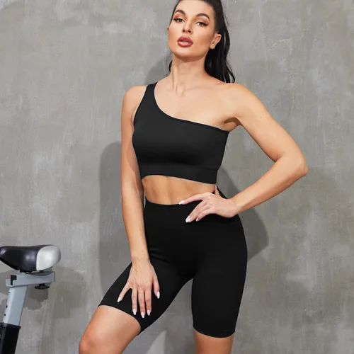 Vista 4 de Plubedo Conjuntos de entrenamiento para mujer, 2 piezas, acanalados, sin costuras, con un hombro, de cintura alta, para yoga, conjunto deportivo