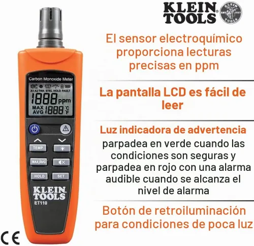 Vista 2 de Medidor de CO ET110 de Klein Tools, comprobador y detector de monóxido de carbono con alarma de límite de exposición, 4 pilas AAA y bolsa