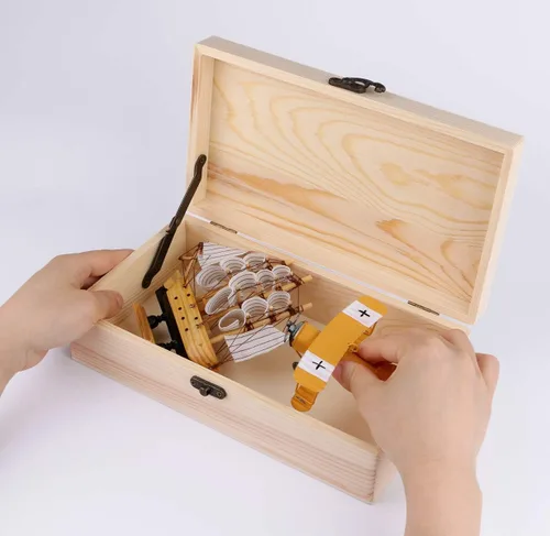 Vista 4 de Caja de recuerdo de madera sin terminar con tapa con bisagras, rectangular, 9.7 x 5.5 x 2.7 pulgadas, cierre, almacenamiento, manualidades