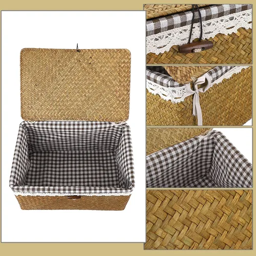 Vista 3 de Hipiwe Cesta de Mimbre Tejida con Forro Removible de Seagrass Natural, Cesta de Almacenamiento Multiusos con Tapa para Organizar para Baño, Armario