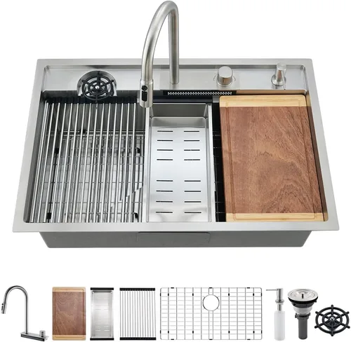 Vista 16 de Fregadero de barra de 15 pulgadas para estación de trabajo, fregadero de cocina pequeño de 15 x 15 pulgadas, montaje superior, calibre 16