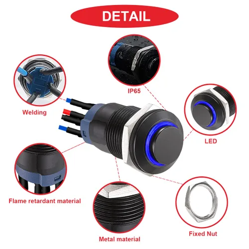 Vista 3 de 6Pcs Interruptor de botón de cierre led de 12mm con carcasa negra y pre-cableado, interruptor de botón a prueba de agua IP65, 1NO 1 normalmente