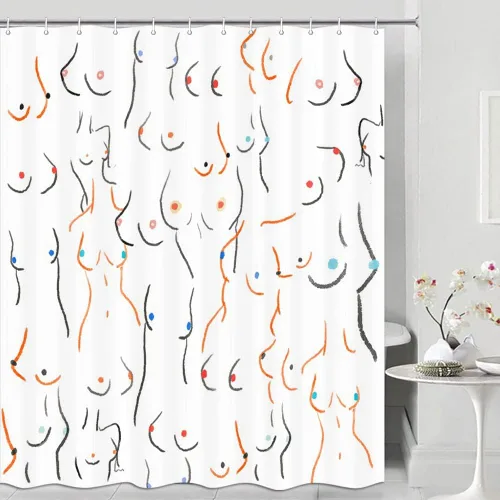 Vista 6 de JAWO Divertida cortina de ducha para baño, diseño de pechos divertidos, cuerpo femenino, divertido juego de cortinas de ducha de tela artística