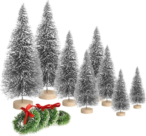 Vista 9 de 8 mini árboles de Navidad artificiales, árboles de cepillo de botella con base de madera, árbol de Navidad artificial de sisal escarchado, mini Beige
