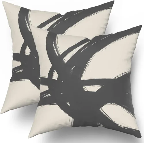 Vista 12 de Juego de 2 fundas de almohada de línea de arte abstracto negro y marrón de 16 x 16 pulgadas, juego de 2 fundas de almohada decorativas con estampado