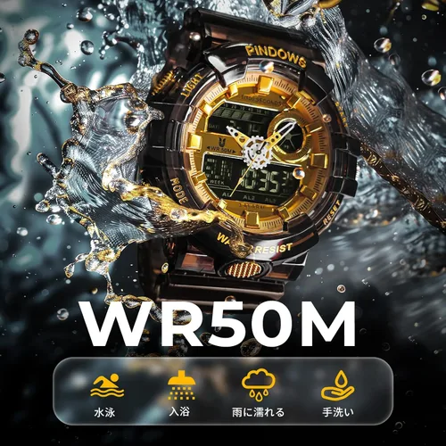 Vista 5 de PINDOWS Reloj para Hombre, Reloj Analógico Digital Resistente al Agua 50M, Reloj Electrónico para Deportes al Aire Libre, Fecha, Multifunción, LED