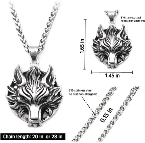 Vista 4 de BAVIPOWER Collar con dije de cabeza vikingo Fenrir de acero inoxidable, potente joyería pagana para hombres y mujeres, protección de amuleto