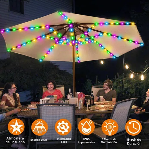 Vista 3 de luces de sombrilla solar, 8 hebras de luces de sombrilla para patio al aire libre con 8 modos, panel solar de 3V, clip con 112 LED, luces al aire