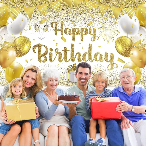 Vista 6 de Decoraciones de fiesta de feliz cumpleaños dorado y blanco, pancarta grande para mujeres, hombres y niñas, 70.8 x 43.3 pulgadas
