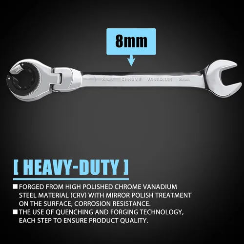 Vista 2 de LOSCHEN 1 pieza de 8 mm de llave de trinquete de cabeza flexible abierta, llave combinada métrica con 84 dientes, llave de trinquete de tubo