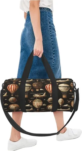 Vista 5 de Large Duffle Bag for Travel - Retro Airplane Hot Air Balloon Print Gym Bag for Women Men, Travel Foldable Bags for Women Men with Zippered Multiple