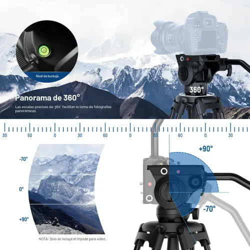 Vista 6 de NEEWER Trípode de Video Básico de 74" con Cabezal Fluido, Trípode de Cámara de Metal con Amortiguación de Fricción Suave, Separador de Nivel Medio